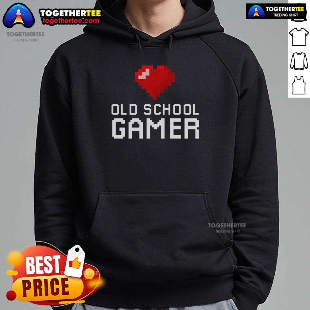 Official Old School Gamer Heart Hoodie featuring retro gaming graphics, perfect for nostalgic gamers and cozy style.