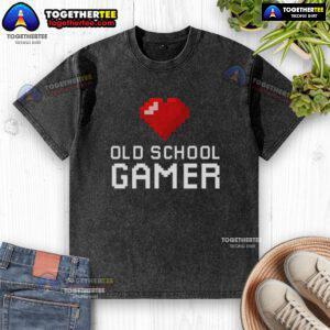 Official Old School Gamer Heart Washed T-Shirt featuring retro gaming design for nostalgic gamers and enthusiasts.