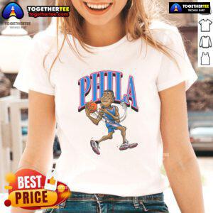 Official Philadelphia 76ers basketball player caricature on a stylish ladies tee, perfect for fans and casual wear.