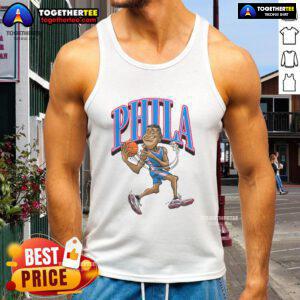 Official Philadelphia 76ers basketball player caricature tank top featuring vibrant graphics and team colors.