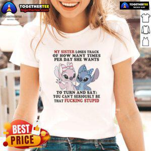 Official Stitch and Angel tee for ladies, showcasing fun design about sisters and daily adventures. Perfect gift!