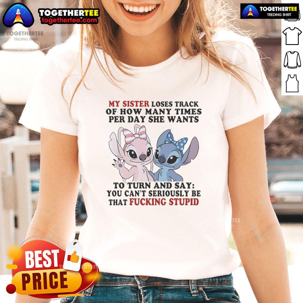 Official Stitch and Angel tee for ladies, showcasing fun design about sisters and daily adventures. Perfect gift!