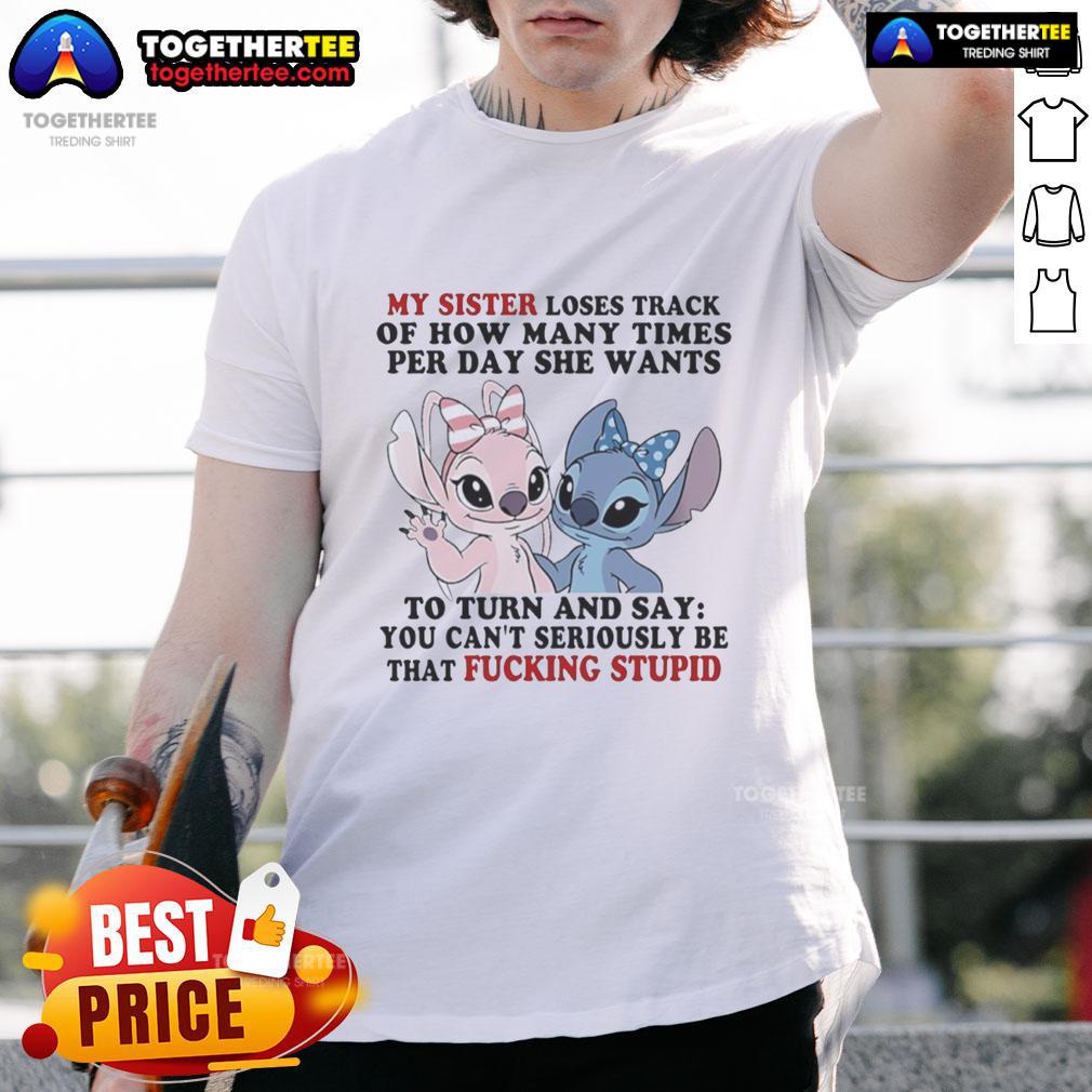 Alt Text: Official Stitch and Angel t-shirt for sisters, featuring playful design about losing track of daily wishes.