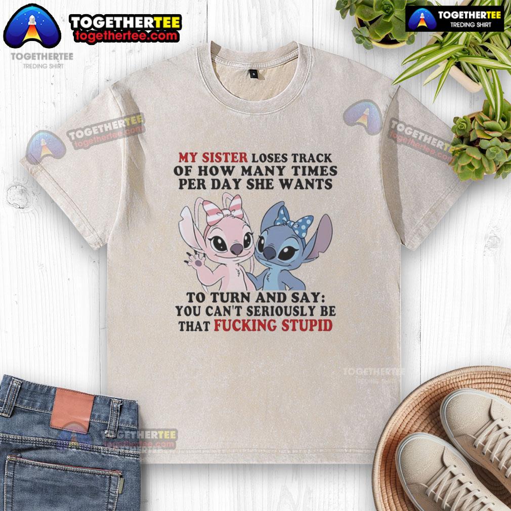 Alt Text: Official Stitch and Angel T-shirt: My Sister Loses Track of How Many Times She Wants It Washed, cute design.