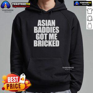 Original Asian Baddies Got Me Bricked letter hoodie displayed in a stylish urban setting, showcasing trendy streetwear fashion.