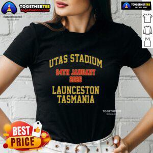 Alt Text: Original Foo Fighters concert at Utas Stadium on January 24, 2026 - Ladies' tee featuring band logo and event details.