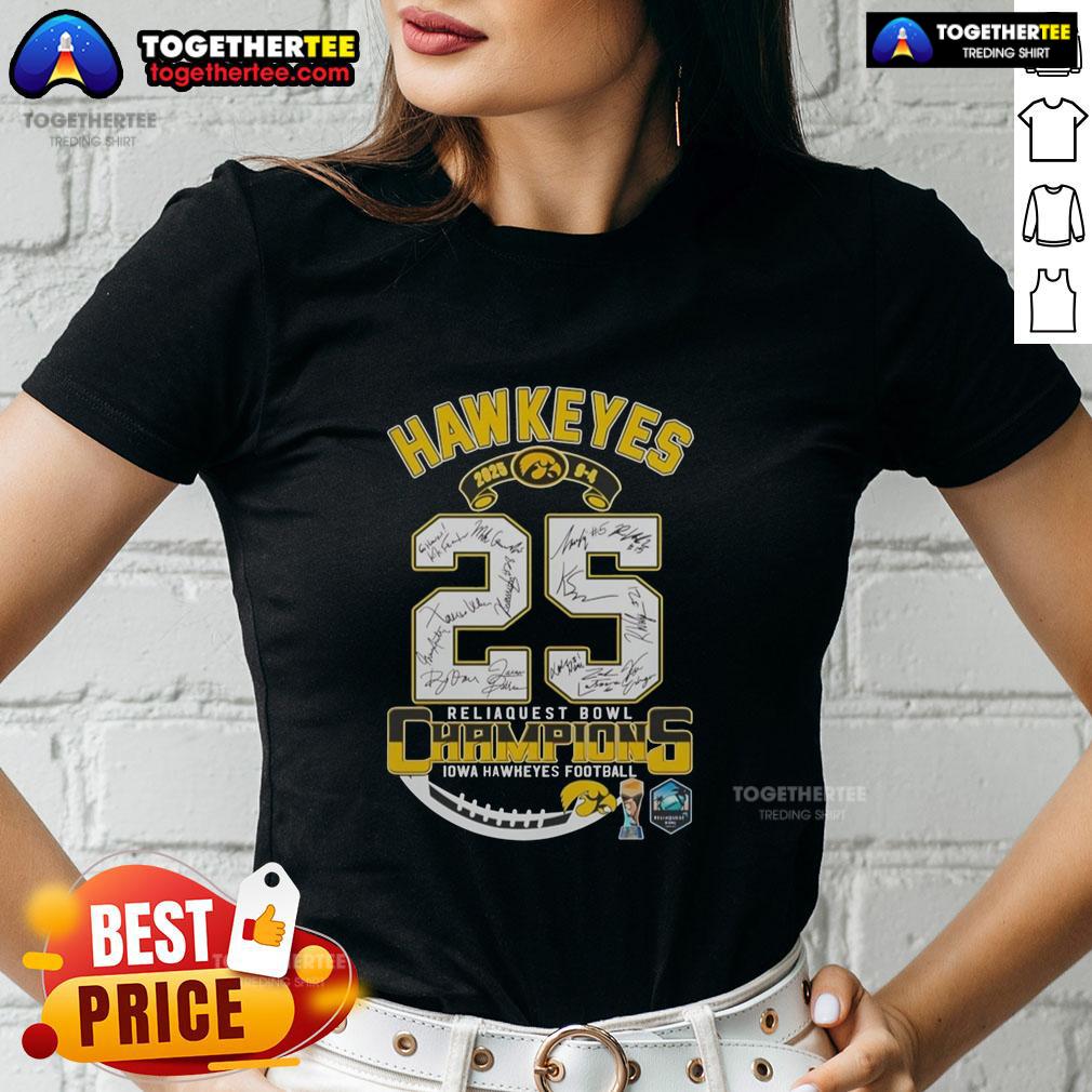 Alt Text: Top Iowa Hawkeyes Reliaquest Bowl Champions 2025 ladies tee featuring team colors and logo.