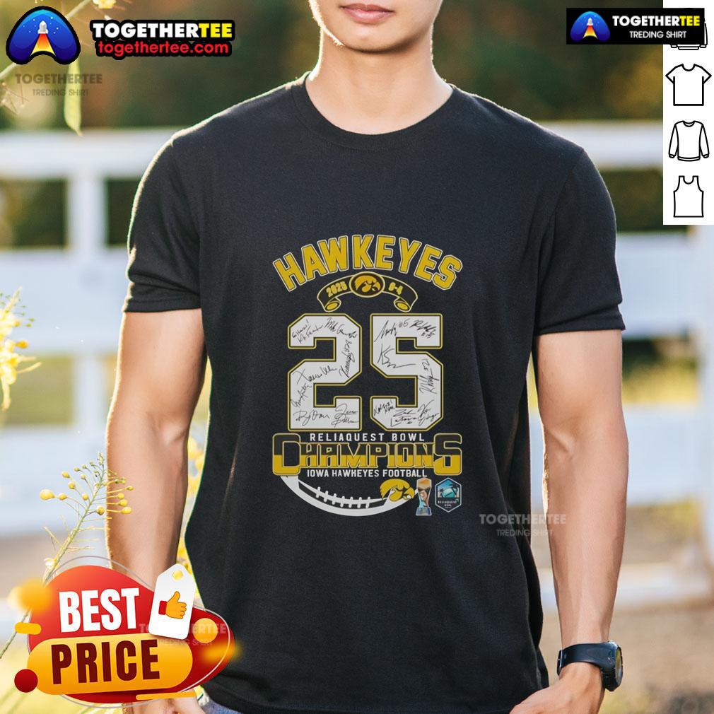 Alt Text: Top Iowa Hawkeyes Reliaquest Bowl Champions 2025 T-Shirt featuring team logo and vibrant colors, perfect for fans.