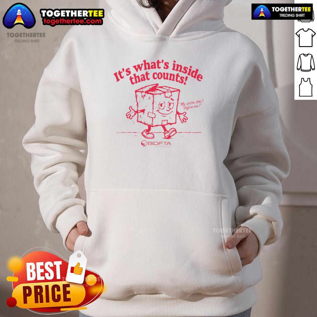 Bidfta hoodie featuring 'Top It's What's Inside That Counts' slogan, showcasing cozy design and stylish fit.