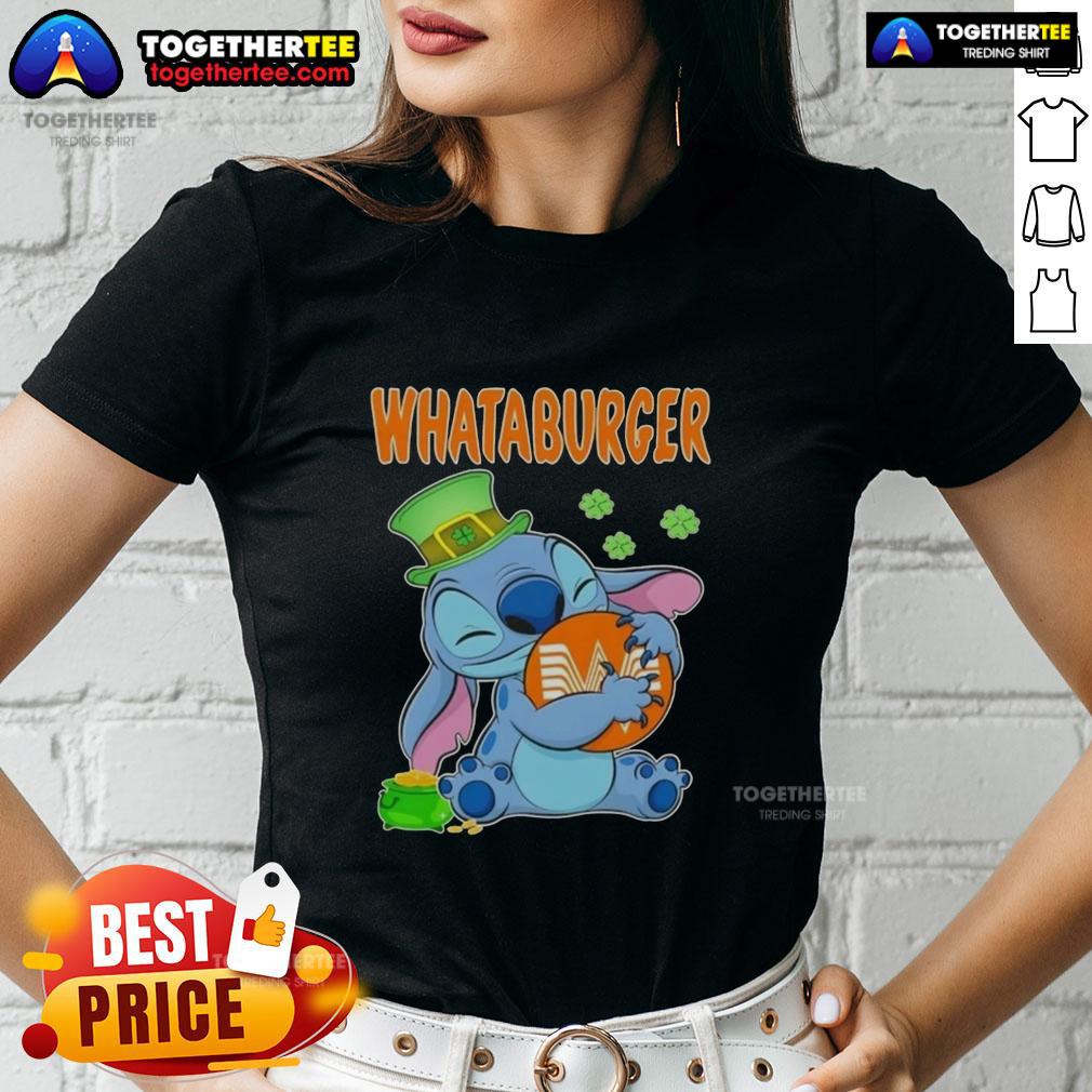Happy St. Patrick's Day ladies' tee featuring a nice stitch hug design with the Whataburger logo.