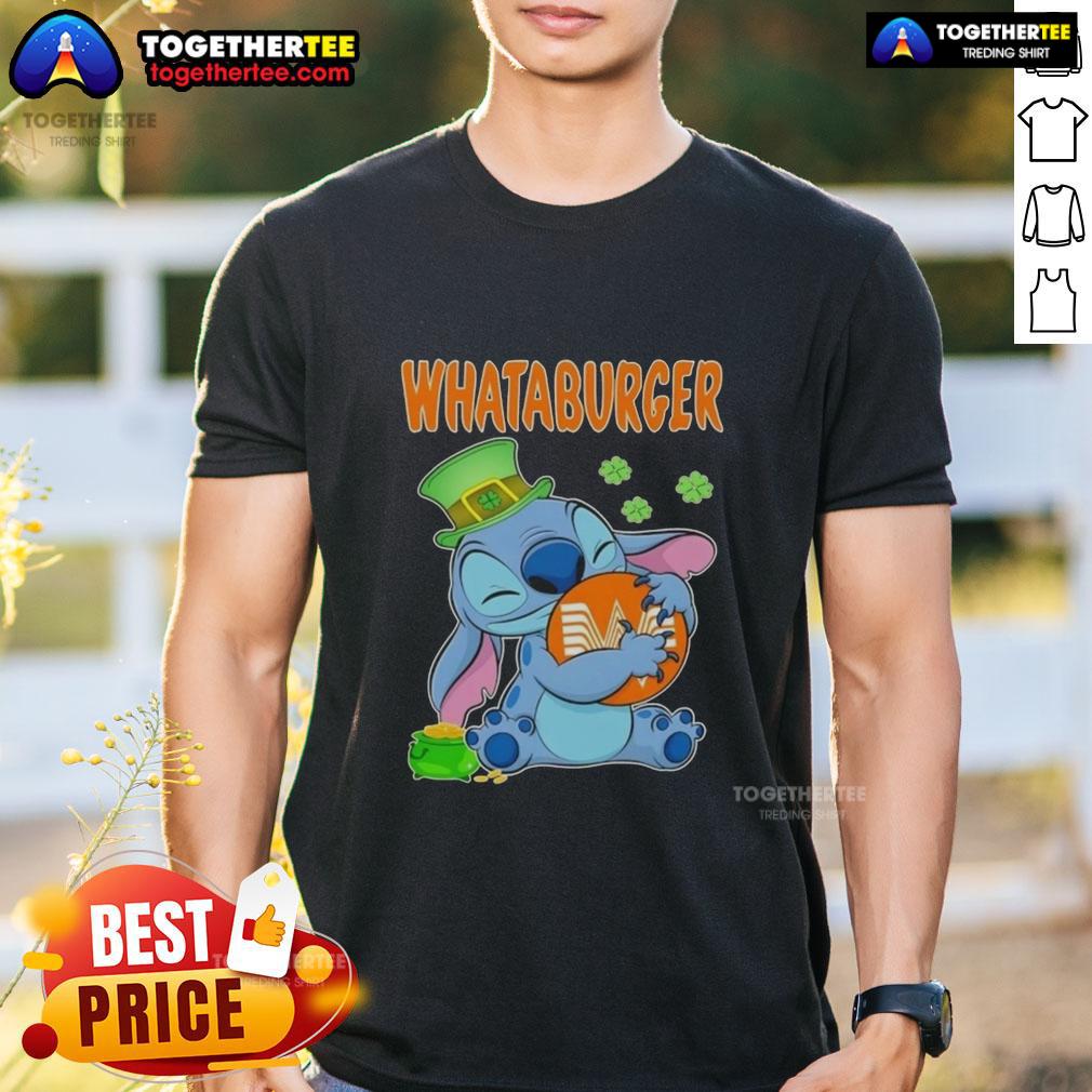 Happy Patrick's Day T-shirt featuring a Nice Stitch hugging the Whataburger logo, perfect for festive celebrations.