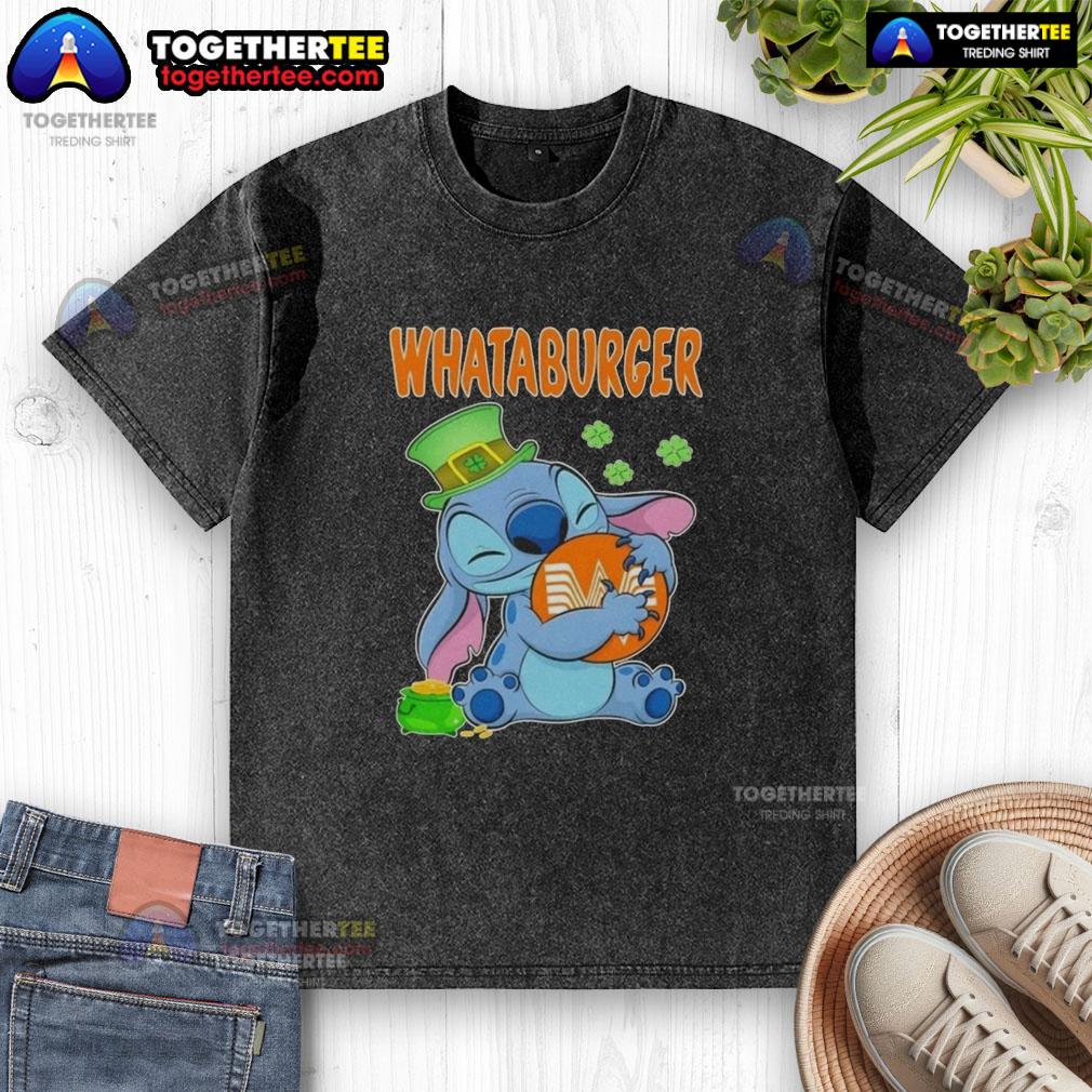Happy St. Patrick's Day washed t-shirt featuring a nice stitch hug with the Whataburger logo.