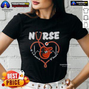 Women's Baltimore Orioles MLB tee with stethoscope design, perfect for nurses and baseball fans. A work of heart!