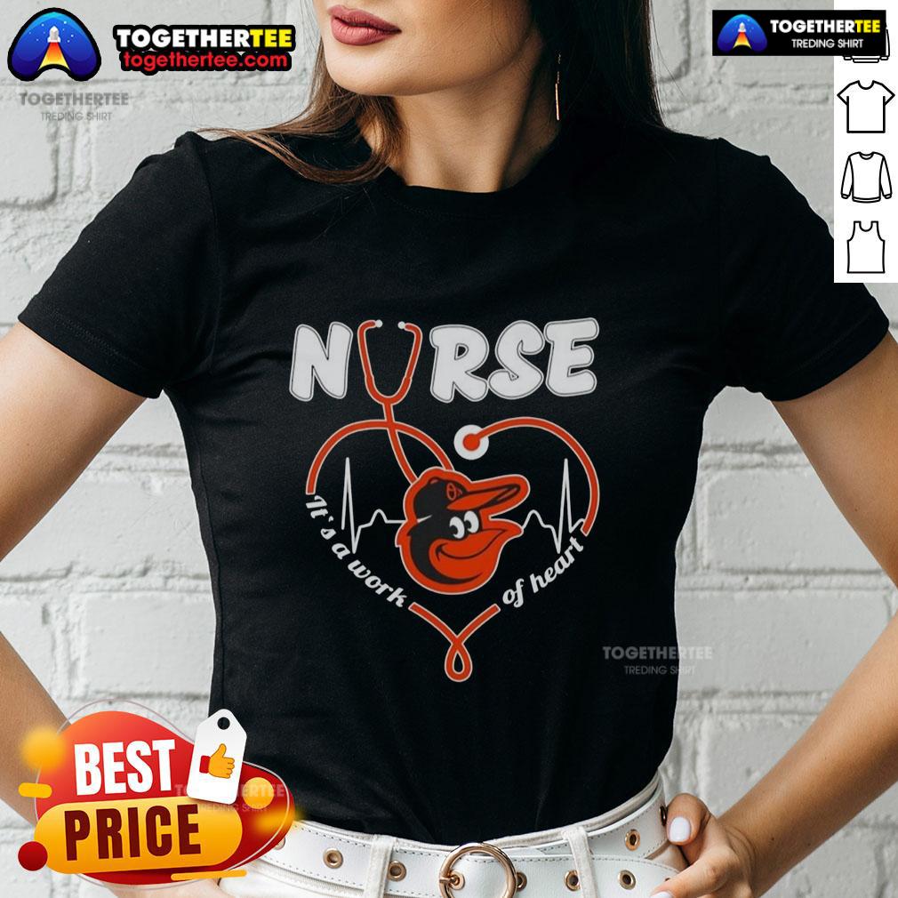 Women's Baltimore Orioles MLB tee with stethoscope design, perfect for nurses and baseball fans. A work of heart!