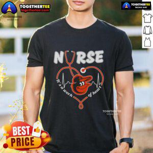 Nice Baltimore Orioles MLB Nurse 'Its A Work Of Heart' Stethoscope T-Shirt featuring a vibrant design for baseball fans.