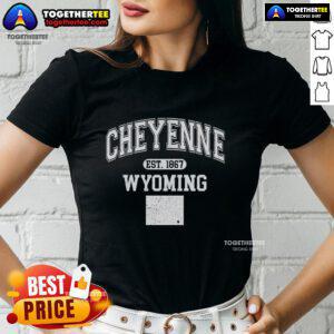 Nice Cheyenne Wyoming Est 1867 Varsity Ladies Tee showcasing a stylish design perfect for casual wear in Wyoming.