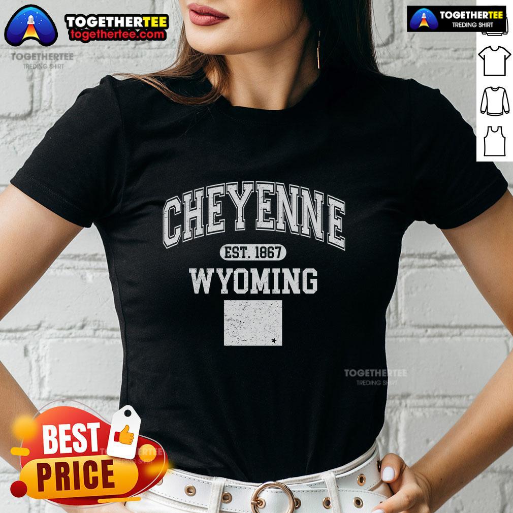 Nice Cheyenne Wyoming Est 1867 Varsity Ladies Tee showcasing a stylish design perfect for casual wear in Wyoming.