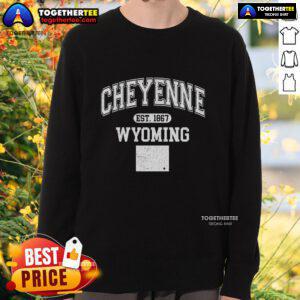 Nice Cheyenne Wyoming Est 1867 varsity sweatshirt in navy blue with white lettering, perfect for casual wear.
