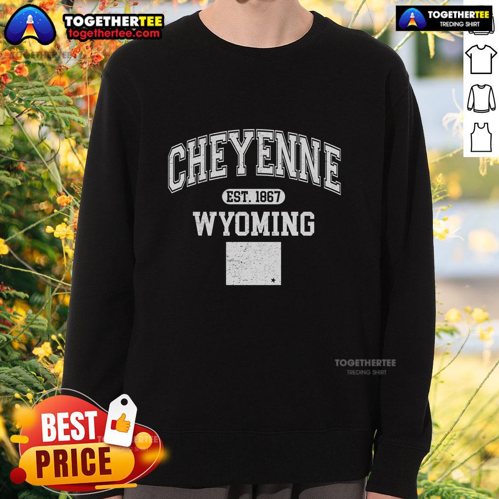 Nice Cheyenne Wyoming Est 1867 varsity sweatshirt in navy blue with white lettering, perfect for casual wear.