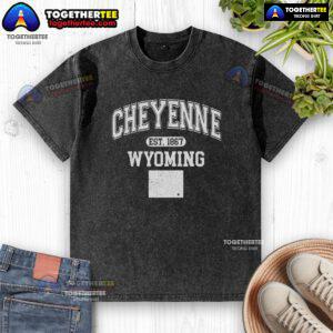 Varsity washed t-shirt featuring 'Nice Cheyenne Wyoming Est 1867' design, perfect for casual style and local pride.