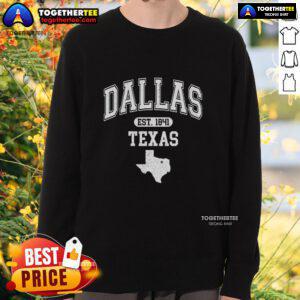 Nice Dallas Texas Est 1841 varsity sweatshirt displaying a classic design for proud locals and college fans.
