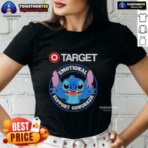 Official Happy Stitch Target Emotional Support Coworker Ladies Tee in vibrant colors, perfect for casual, uplifting outfits.