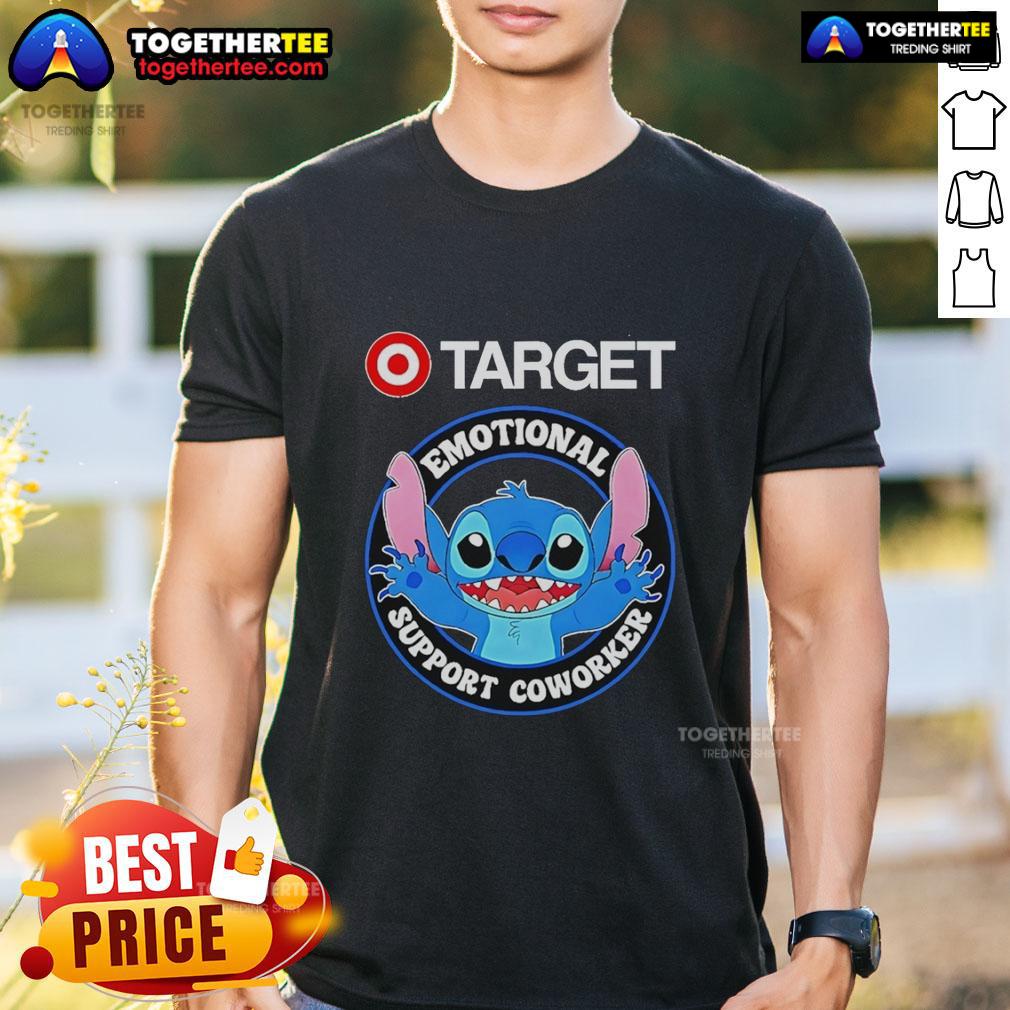 Official Happy Stitch Target Emotional Support Coworker T-Shirt featuring a cheerful design for supportive workplace vibes.