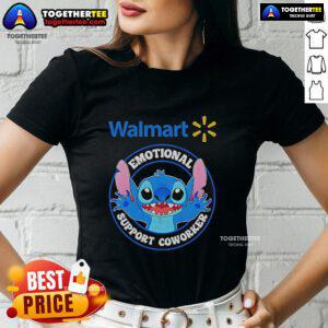 Official Happy Stitch Walmart Emotional Support Coworker Ladies Tee in vibrant colors, perfect for a casual and fun look.