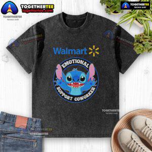 Official Happy Stitch Walmart Emotional Support Coworker washed t-shirt featuring a playful design for comfort and style.