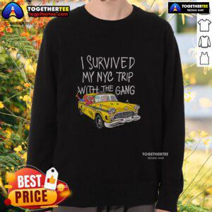 Group wearing 'I Survived My NYC Trip With The Gang' Spider Perks sweatshirt, showcasing fun urban adventure style.