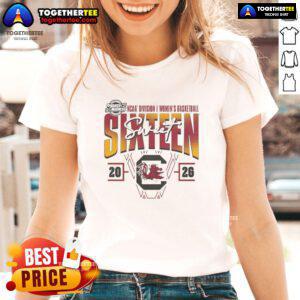 Alt Text: Official South Carolina Gamecocks 2026 March Madness Sweet 16 NCAA women's basketball tournament ladies tee shirt.