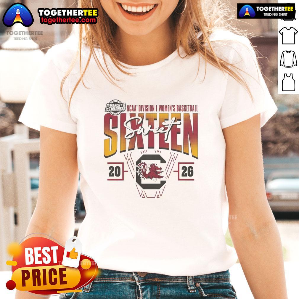 Alt Text: Official South Carolina Gamecocks 2026 March Madness Sweet 16 NCAA women's basketball tournament ladies tee shirt.