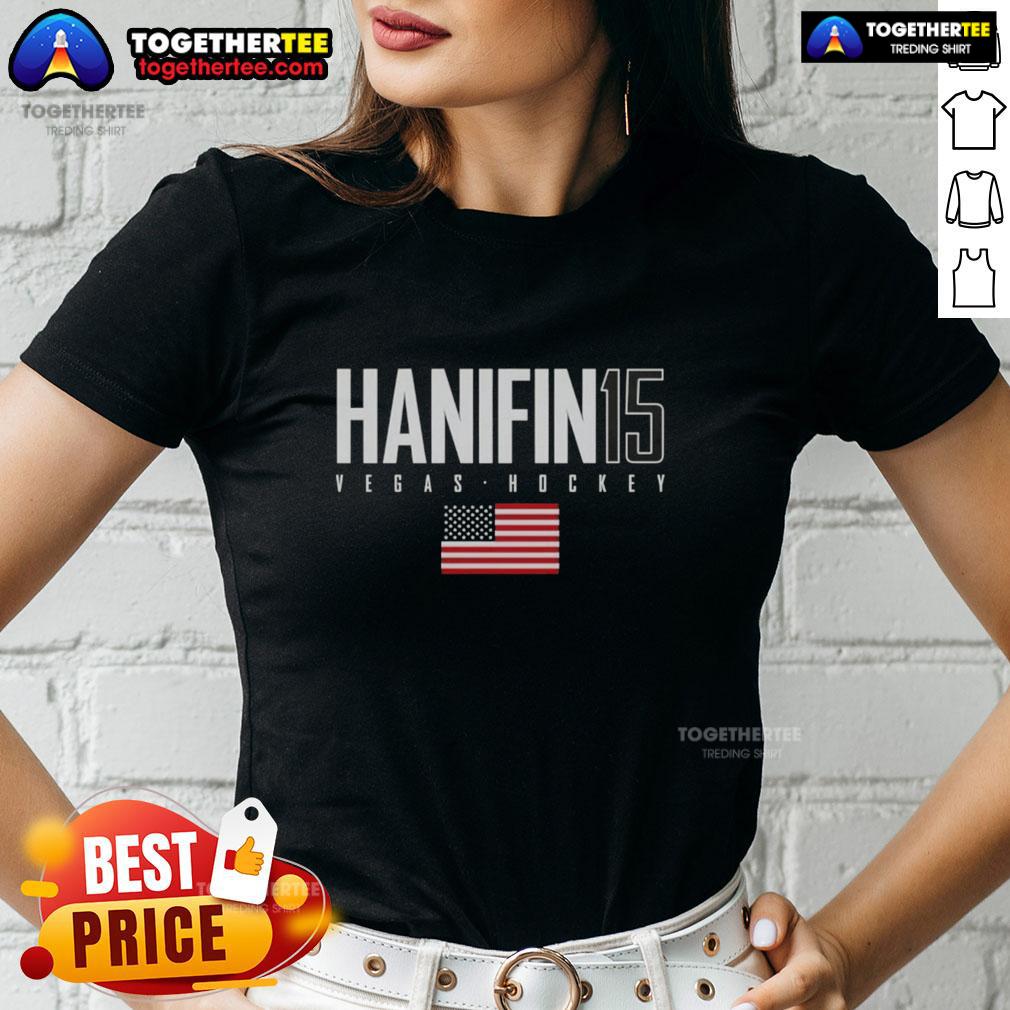 Pretty Noah Hanifin wearing a Vegas Golden Knights USA Flag Elite Ladies Tee, showcasing team spirit and style.