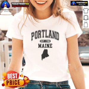 Pretty Portland Maine Est 1786 Varsity Ladies Tee featuring a stylish design celebrating Portland's heritage.