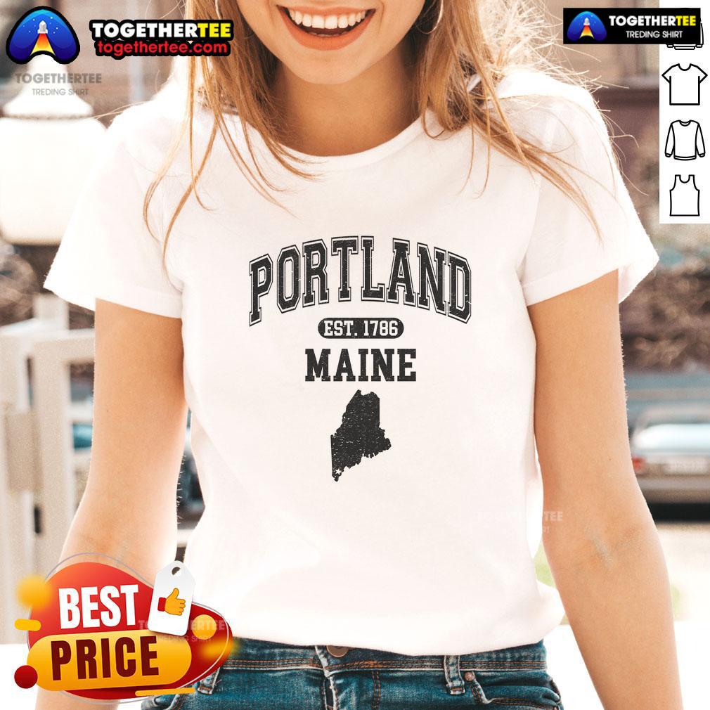 Pretty Portland Maine Est 1786 Varsity Ladies Tee featuring a stylish design celebrating Portland's heritage.