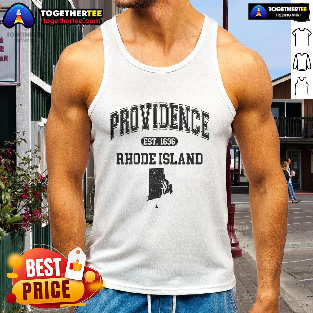 Alt Text: Stylish tank top featuring 'Pretty Providence, Rhode Island Est. 1636' design, perfect for casual wear.