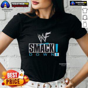 Pretty WWF Smackdown professional wrestling logo on a stylish ladies tee, perfect for wrestling fans.