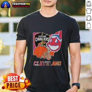 Alt Text: Cleveland Cavaliers football symbol helmet logo on a stylish map T-shirt, perfect for fans and collectors.
