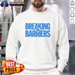 Awesome Jacksonville Jumbo Shrimp Breaking Barriers sweatshirt featuring vibrant design and team logo for fans.