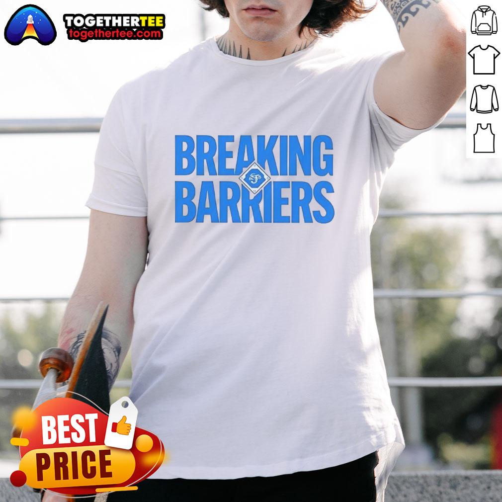 Alt Text: Awesome Jacksonville Jumbo Shrimp Breaking Barriers T-Shirt featuring vibrant design and team logo for fans.