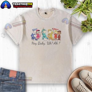 Alt Text: Awesome Snoopy Peanuts and Friends Hey Baby Uh Ah washed t-shirt featuring colorful graphics and a casual design.