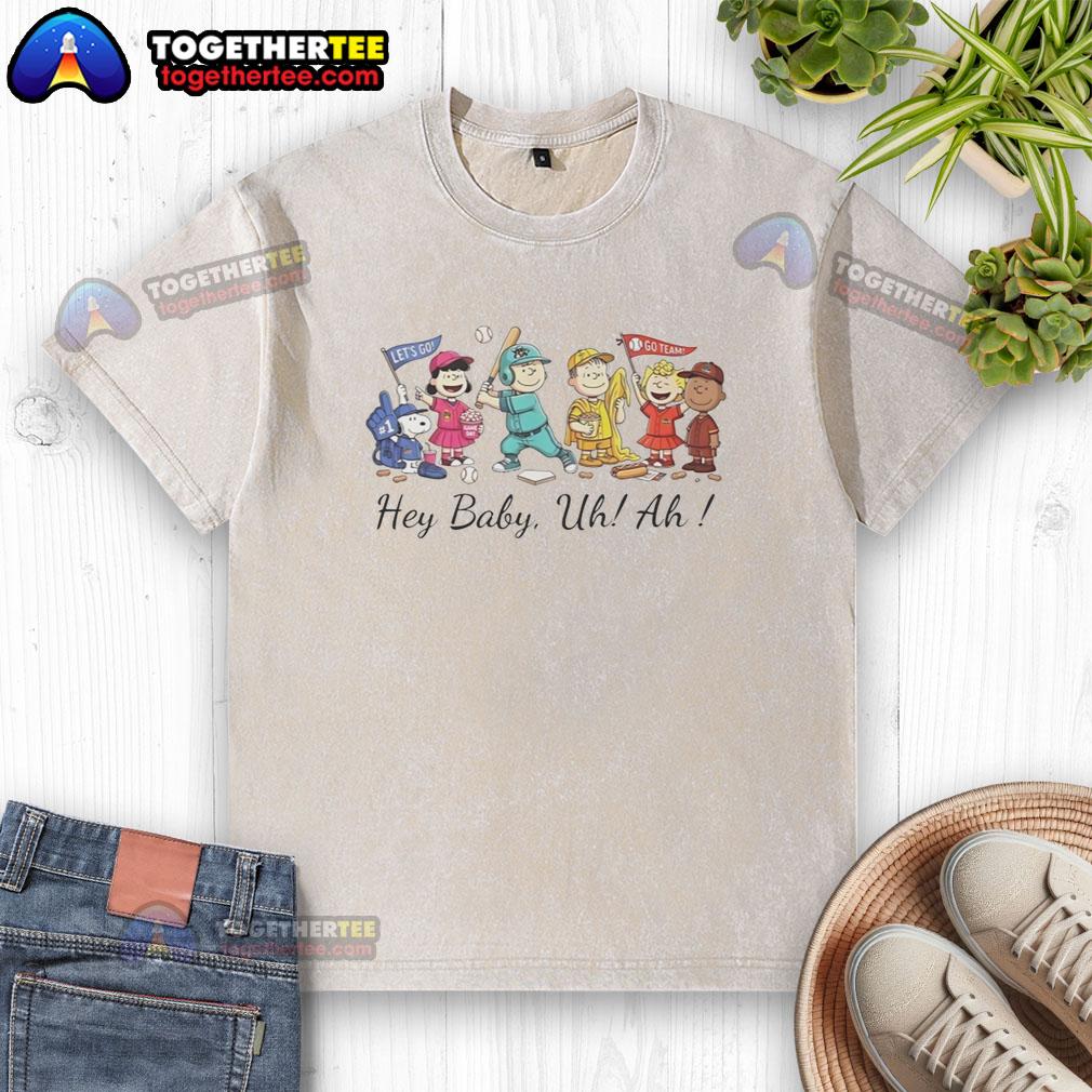 Alt Text: Awesome Snoopy Peanuts and Friends Hey Baby Uh Ah washed t-shirt featuring colorful graphics and a casual design.