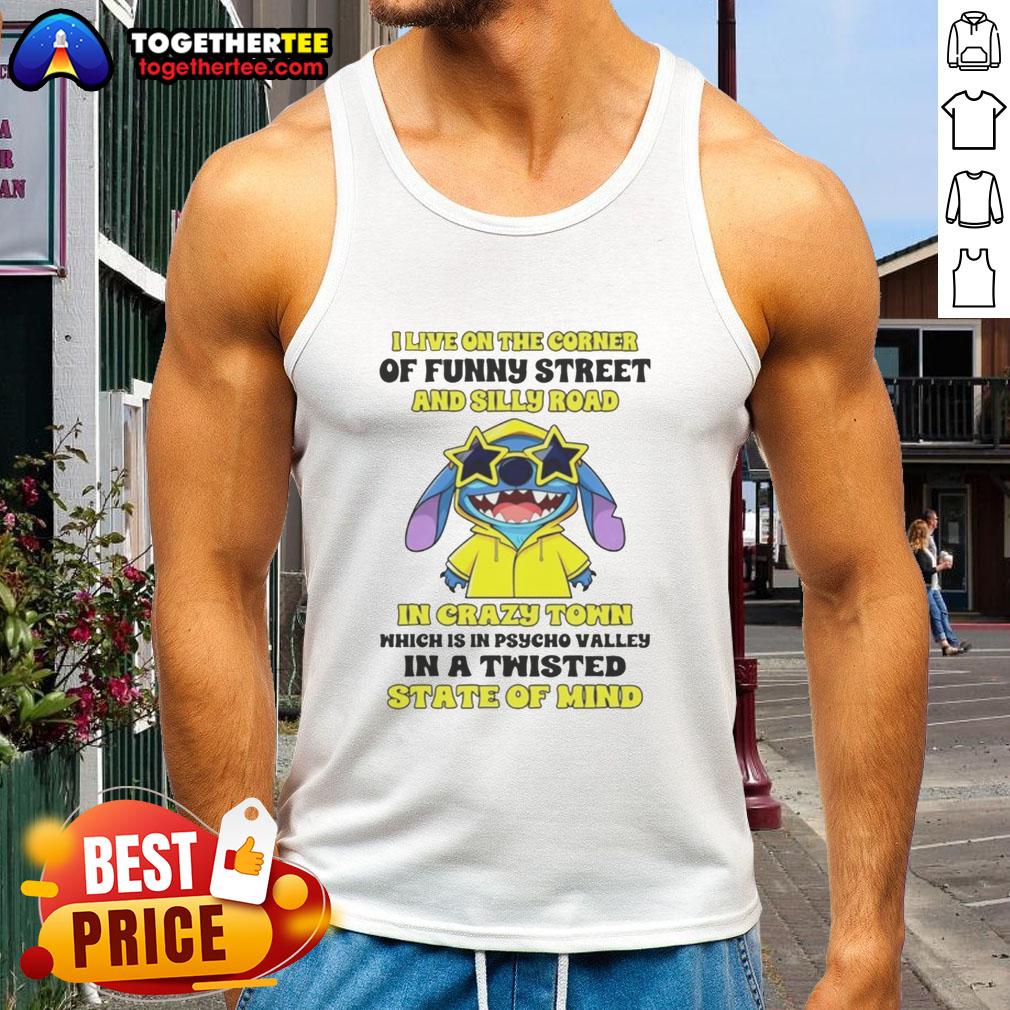 Awesome Stitch tank top featuring 'I Live on the Corner of Funny Street and Silly Road in Crazy Town' design.