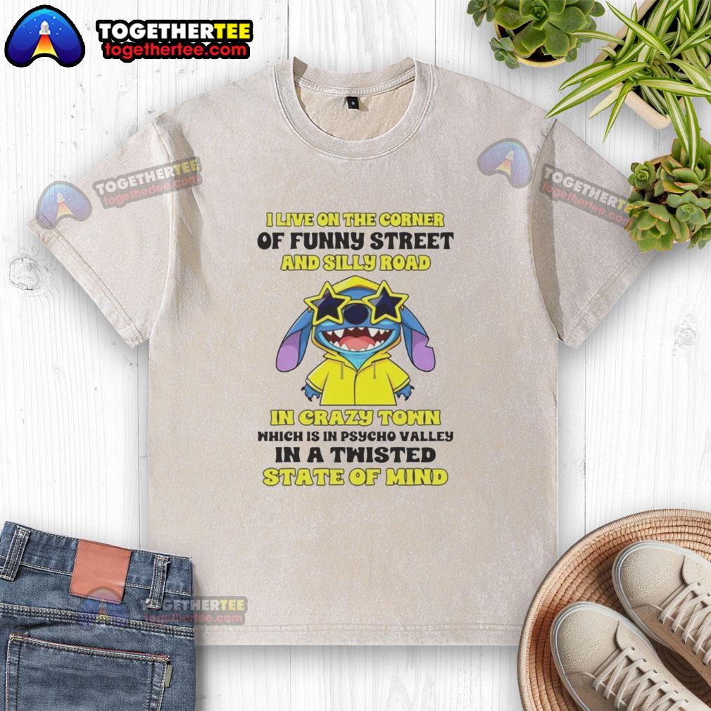 Alt Text: Awesome Stitch I Live on the Corner T-Shirt featuring a quirky design from Crazy Town, Funny Street, and Silly Road.