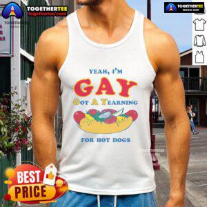 Awesome Yeah I'm Gay tank top featuring a playful hot dog graphic, perfect for pride events and casual summer wear.