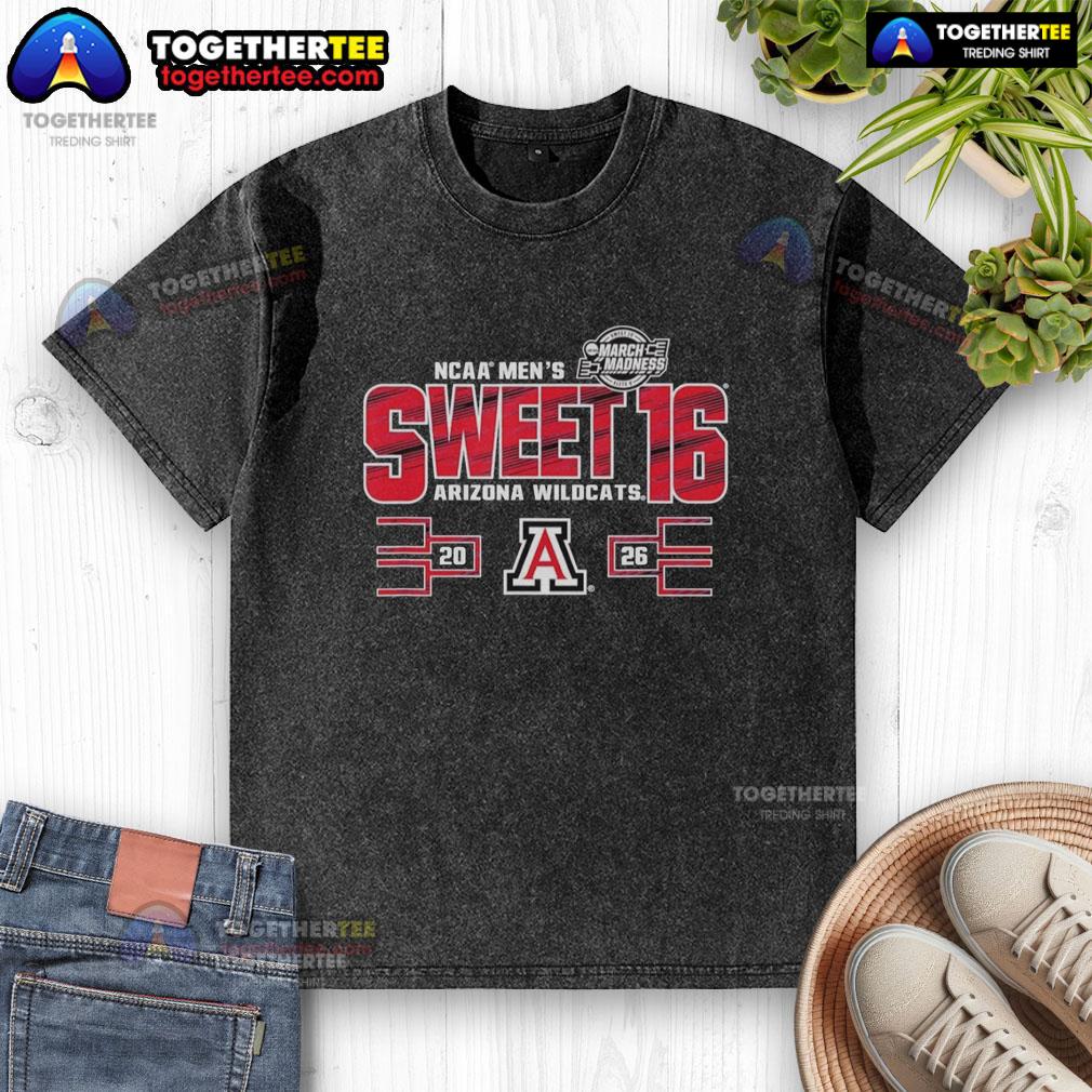 Arizona Wildcats NCAA Men's Sweet 16 2026 March Madness washed t-shirt featuring team colors and logo.