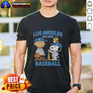 Alt Text: Good Charlie Brown, Snoopy, and Woodstock in Los Angeles Dodgers baseball jersey t-shirt, est. 1883 design.