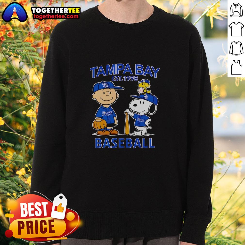 Alt Text: Good Charlie Brown, Snoopy, and Woodstock wearing Tampa Bay Rays baseball jersey sweatshirt, established 1998.