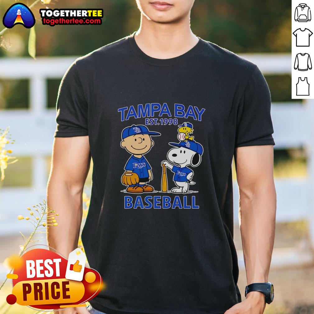 Good Charlie Brown, Snoopy, and Woodstock wearing Tampa Bay Rays baseball jersey t-shirt, established 1998.