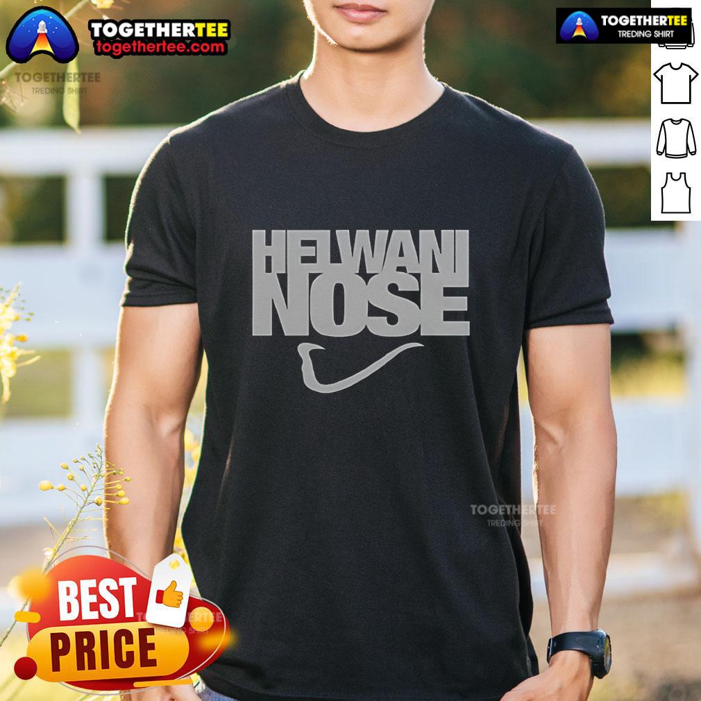 Close-up of the Nice Helwani Nose Logo T-Shirt featuring a unique design, perfect for fans and casual wear.